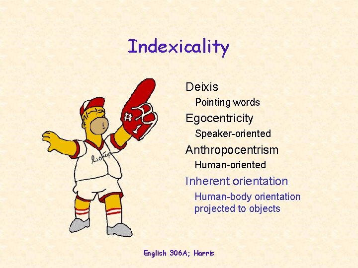 Indexicality Deixis Pointing words Egocentricity Speaker-oriented Anthropocentrism Human-oriented Inherent orientation Human-body orientation projected to Indexicality Deixis Pointing words Egocentricity Speaker-oriented Anthropocentrism Human-oriented Inherent orientation Human-body orientation projected to