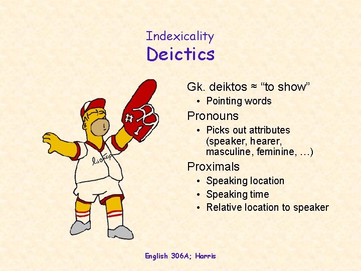 Indexicality Deictics Gk. deiktos ≈ “to show” • Pointing words Pronouns • Picks out Indexicality Deictics Gk. deiktos ≈ “to show” • Pointing words Pronouns • Picks out