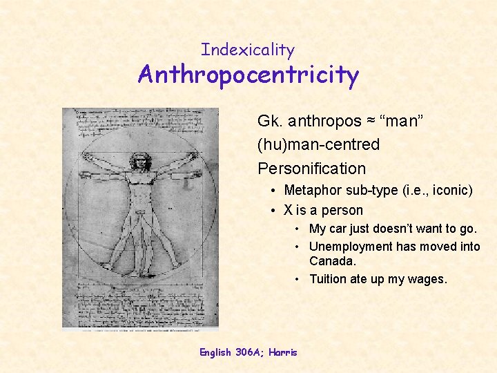Indexicality Anthropocentricity Gk. anthropos ≈ “man” (hu)man-centred Personification • Metaphor sub-type (i. e. , Indexicality Anthropocentricity Gk. anthropos ≈ “man” (hu)man-centred Personification • Metaphor sub-type (i. e. ,