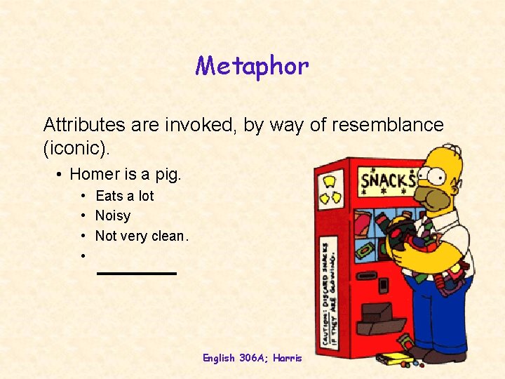 Metaphor Attributes are invoked, by way of resemblance (iconic). • Homer is a pig. Metaphor Attributes are invoked, by way of resemblance (iconic). • Homer is a pig.