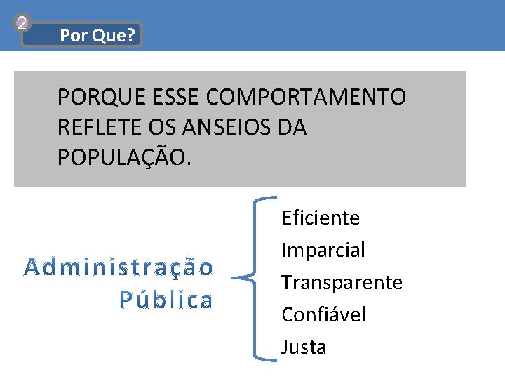 2 Por Que? PORQUE ESSE COMPORTAMENTO REFLETE OS ANSEIOS DA POPULAÇÃO. Eficiente Imparcial Transparente