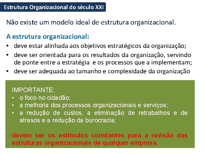Estrutura Organizacional do século XXI Não existe um modelo ideal de estrutura organizacional. A