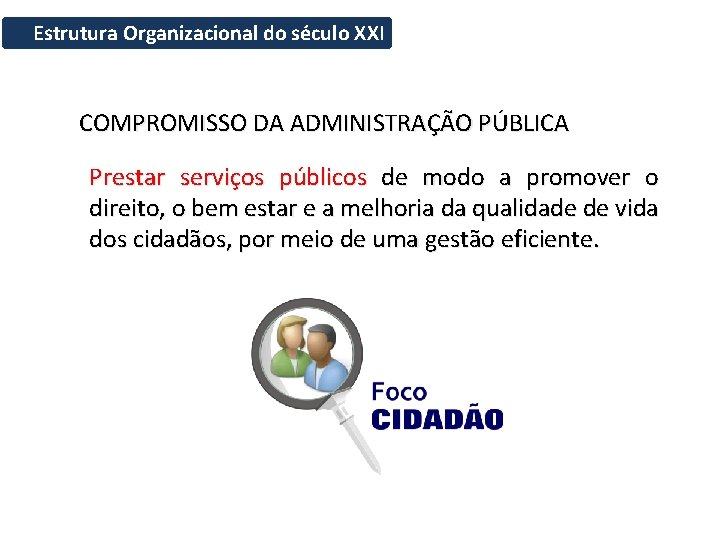 Estrutura Organizacional do século XXI COMPROMISSO DA ADMINISTRAÇÃO PÚBLICA Prestar serviços públicos de modo