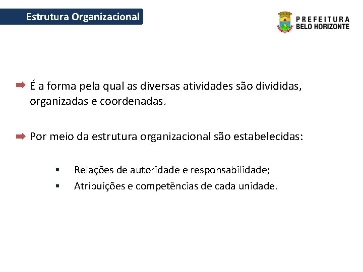 Estrutura Organizacional É a forma pela qual as diversas atividades são divididas, organizadas e