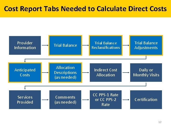 Cost Report Tabs Needed to Calculate Direct Costs Provider Information Trial Balance Reclassifications Trial