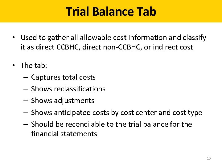 Trial Balance Tab • Used to gather allowable cost information and classify it as