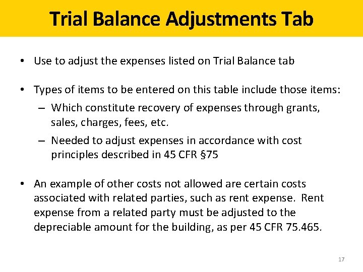 Trial Balance Adjustments Tab • Use to adjust the expenses listed on Trial Balance