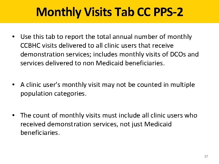 Monthly Visits Tab CC PPS-2 • Use this tab to report the total annual