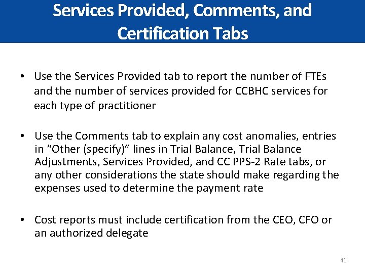 Services Provided, Comments, and Certification Tabs • Use the Services Provided tab to report