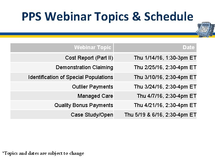 PPS Webinar Topics & Schedule Webinar Topic Date Cost Report (Part II) Thu 1/14/16,