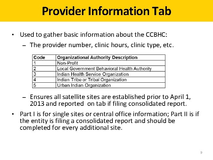 Provider Information Tab • Used to gather basic information about the CCBHC: – The