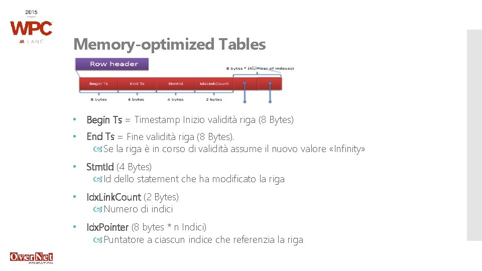 Memory-optimized Tables • Begin Ts = Timestamp Inizio validità riga (8 Bytes) • End