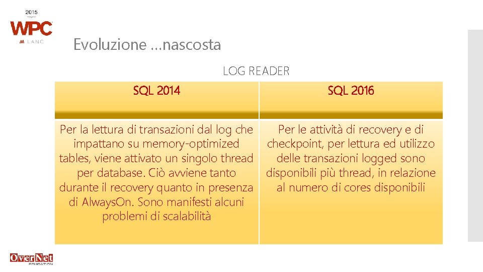 Evoluzione …nascosta LOG READER SQL 2014 SQL 2016 Per la lettura di transazioni dal