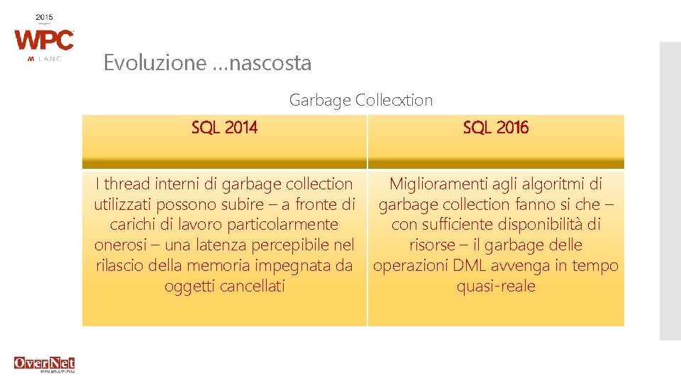 Evoluzione …nascosta Garbage Collecxtion SQL 2014 SQL 2016 I thread interni di garbage collection