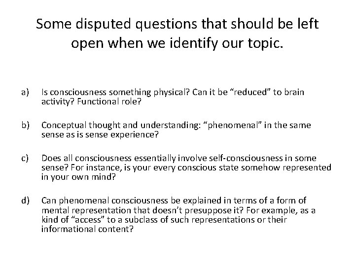 Some disputed questions that should be left open when we identify our topic. a)