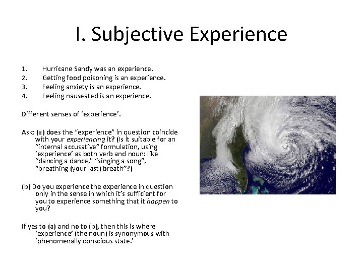 I. Subjective Experience 1. 2. 3. 4. Hurricane Sandy was an experience. Getting food