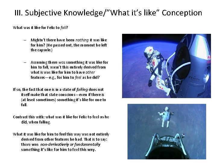 III. Subjective Knowledge/”What it’s like” Conception What was it like for Felix to fall?