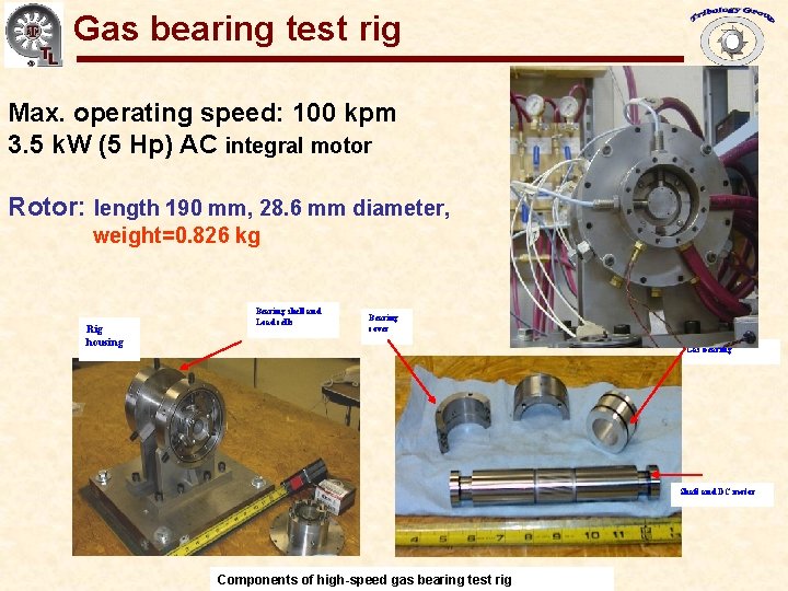 Gas Bearings for Oil-Free Turbomachinery Gas bearing test rig Max. operating speed: 100 kpm