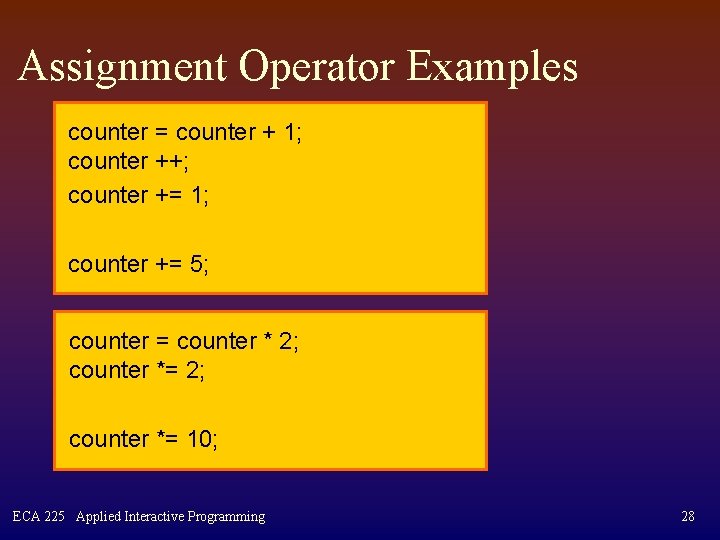 Assignment Operator Examples counter = counter + 1; counter ++; counter += 1; counter