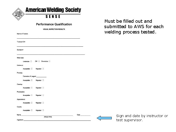 Must be filled out and submitted to AWS for each welding process tested. Sign