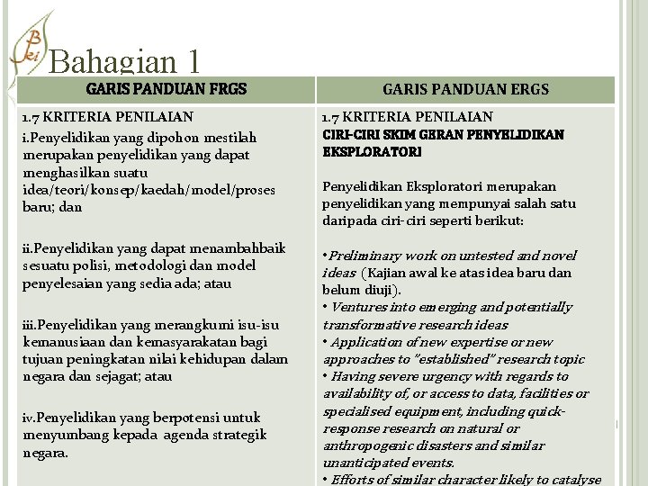 Bahagian 1 GARIS PANDUAN FRGS 1. 7 KRITERIA PENILAIAN i. Penyelidikan yang dipohon mestilah