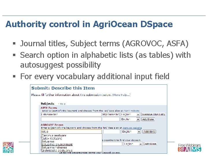 Authority control in Agri. Ocean DSpace § Journal titles, Subject terms (AGROVOC, ASFA) §