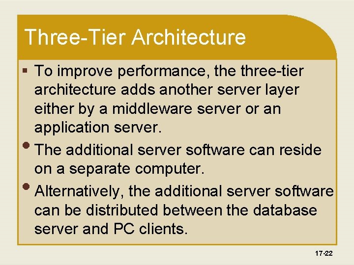 Three-Tier Architecture § To improve performance, the three-tier architecture adds another server layer either
