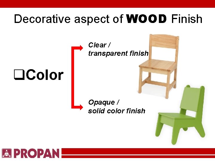 Decorative aspect of WOOD Finish Clear / transparent finish q. Color Opaque / solid