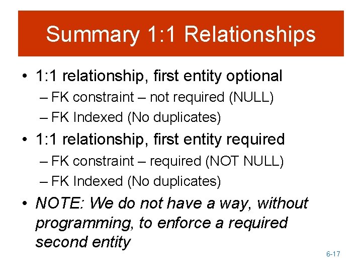 Summary 1: 1 Relationships • 1: 1 relationship, first entity optional – FK constraint