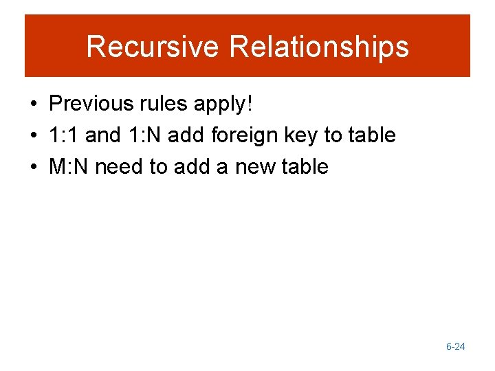 Recursive Relationships • Previous rules apply! • 1: 1 and 1: N add foreign