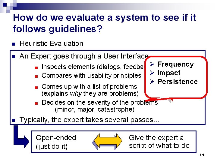 How do we evaluate a system to see if it follows guidelines? n Heuristic