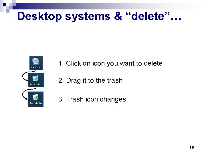 Desktop systems & “delete”… 1. Click on icon you want to delete 2. Drag