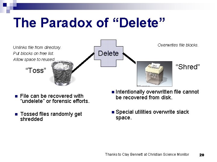 The Paradox of “Delete” Unlinks file from directory. Put blocks on free list. Allow