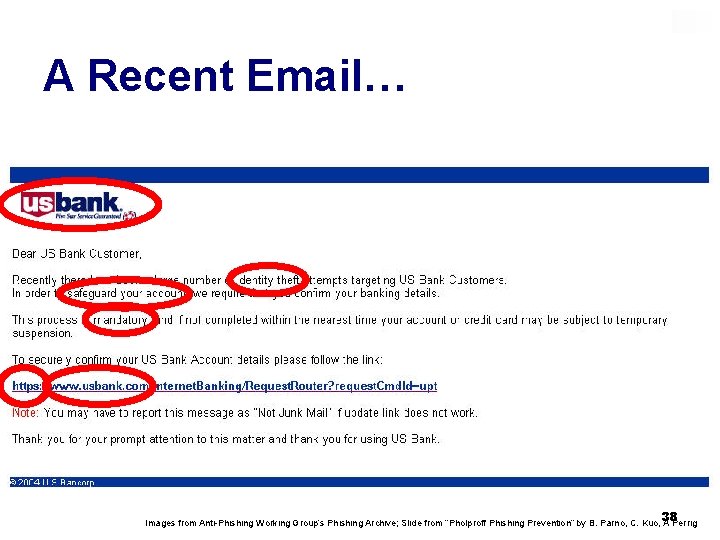 A Recent Email… 38 Images from Anti-Phishing Working Group’s Phishing Archive; Slide from “Pholproff