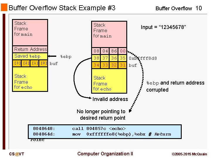 Buffer Overflow Stack Example #3 Buffer Overflow 10 Stack Frame for main Return Address