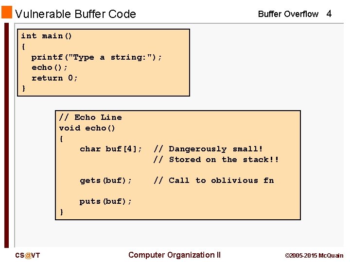 Vulnerable Buffer Code Buffer Overflow 4 int main() { printf("Type a string: "); echo();