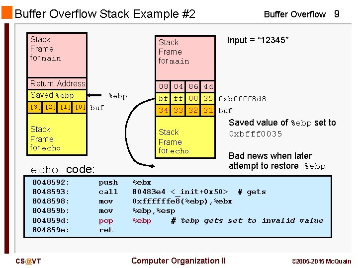 Buffer Overflow Stack Example #2 Buffer Overflow 9 Stack Frame for main Return Address