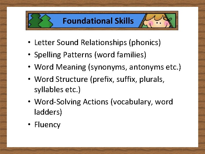 Foundational Skills Letter Sound Relationships (phonics) Spelling Patterns (word families) Word Meaning (synonyms, antonyms