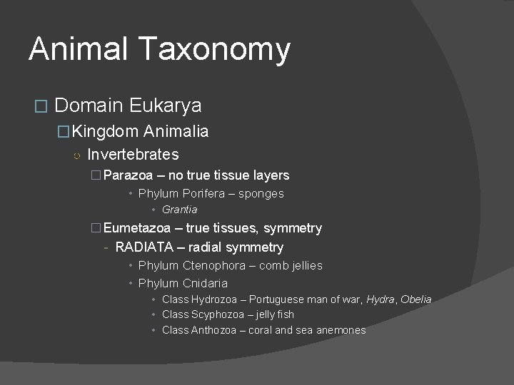 Animal Taxonomy � Domain Eukarya �Kingdom Animalia ○ Invertebrates � Parazoa – no true