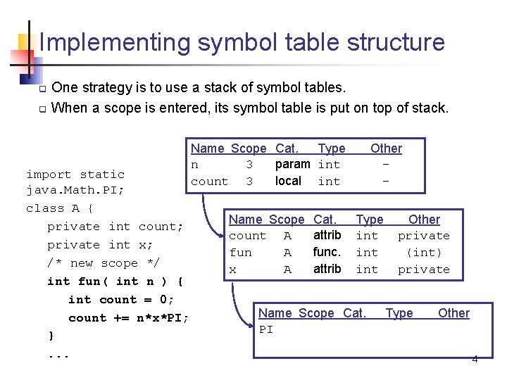 Implementing symbol table structure q q One strategy is to use a stack of