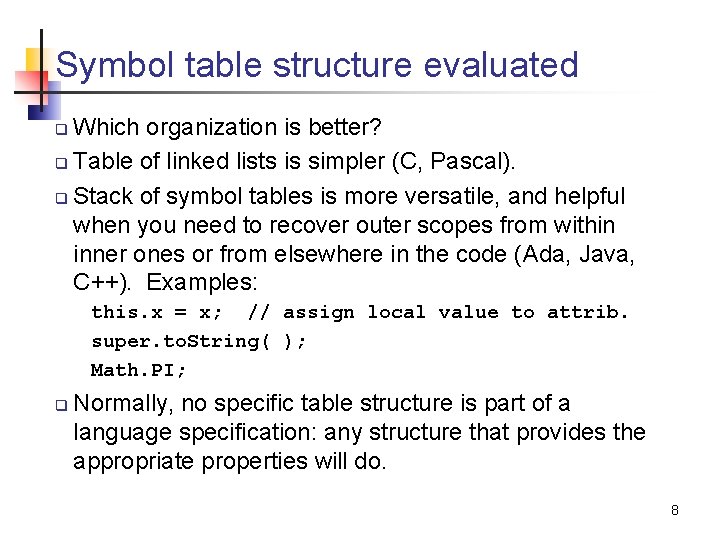 Symbol table structure evaluated Which organization is better? q Table of linked lists is