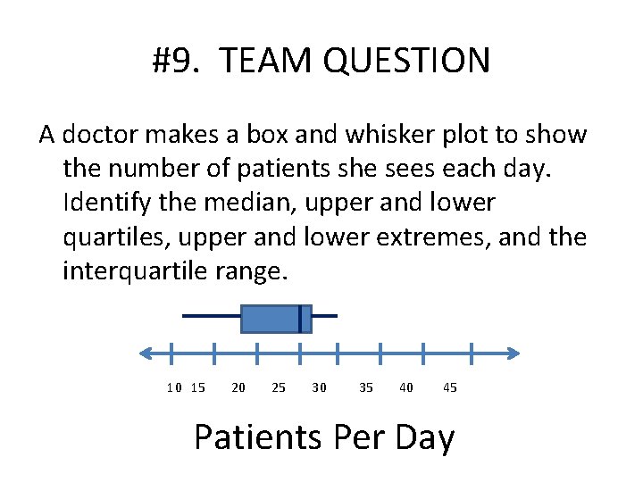#9. TEAM QUESTION A doctor makes a box and whisker plot to show the
