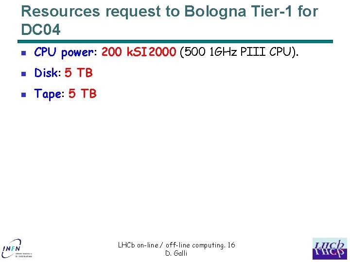 Resources request to Bologna Tier-1 for DC 04 n CPU power: 200 k. SI