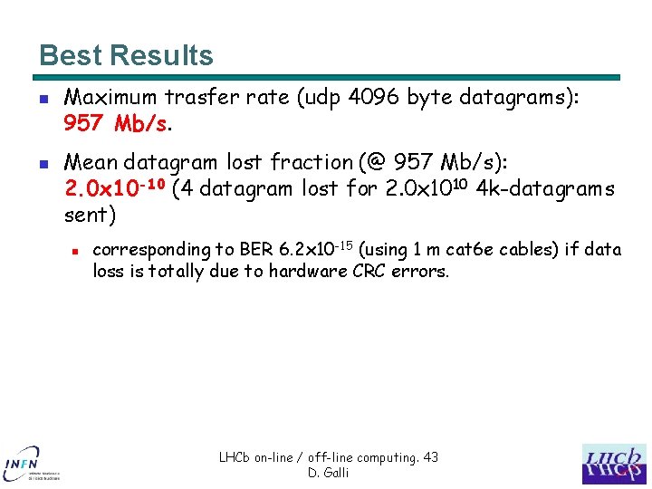 Best Results n n Maximum trasfer rate (udp 4096 byte datagrams): 957 Mb/s. Mean