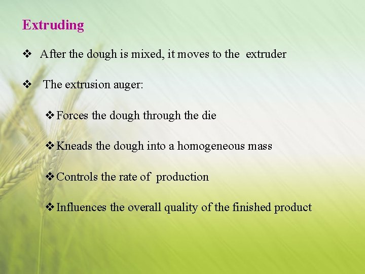 Extruding v After the dough is mixed, it moves to the extruder v The