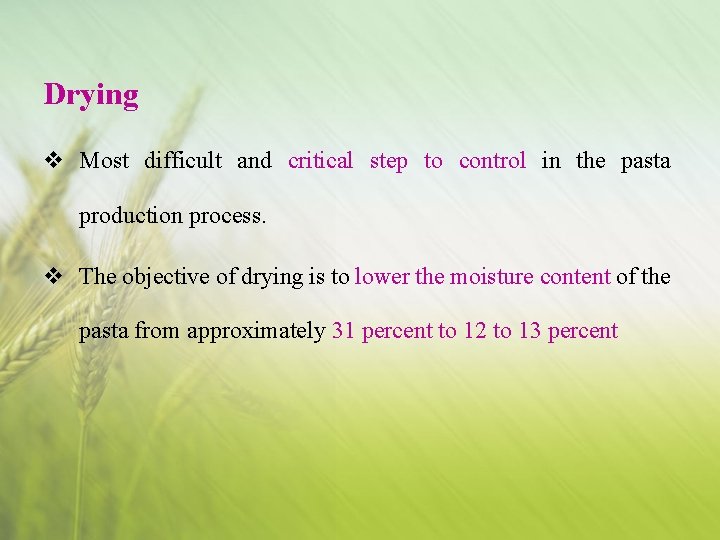 Drying v Most difficult and critical step to control in the pasta production process.