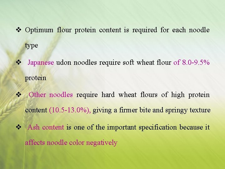 v Optimum flour protein content is required for each noodle type v Japanese udon