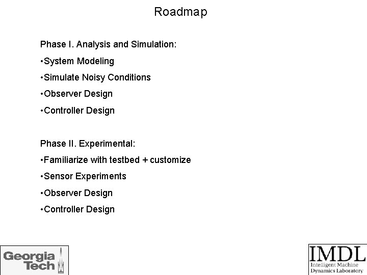 Roadmap Phase I. Analysis and Simulation: • System Modeling • Simulate Noisy Conditions •
