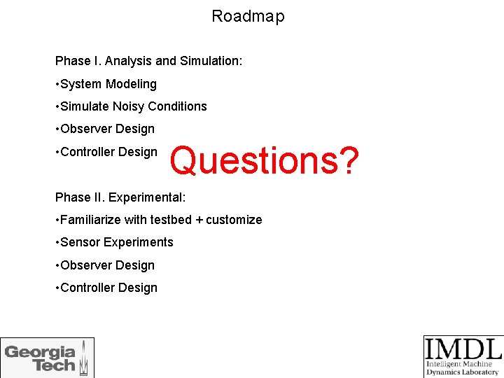 Roadmap Phase I. Analysis and Simulation: • System Modeling • Simulate Noisy Conditions •