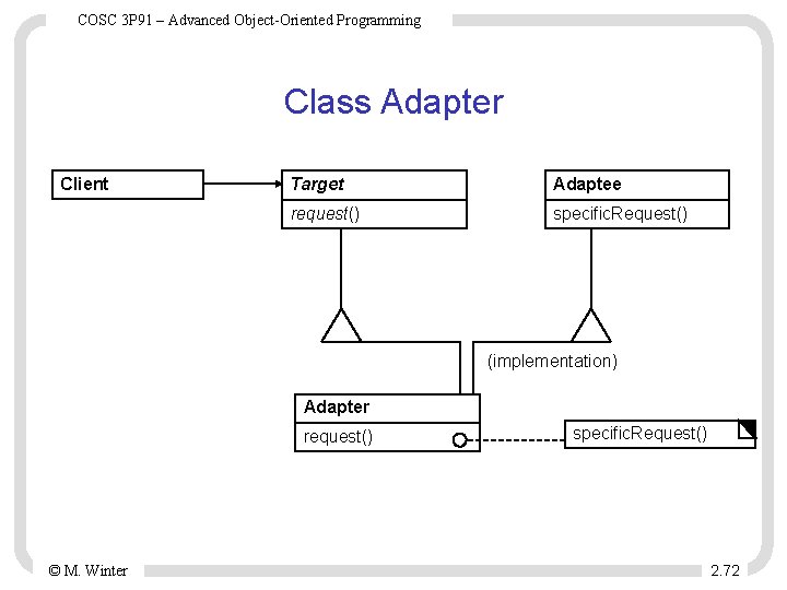 COSC 3 P 91 – Advanced Object-Oriented Programming Class Adapter Client Target Adaptee request()